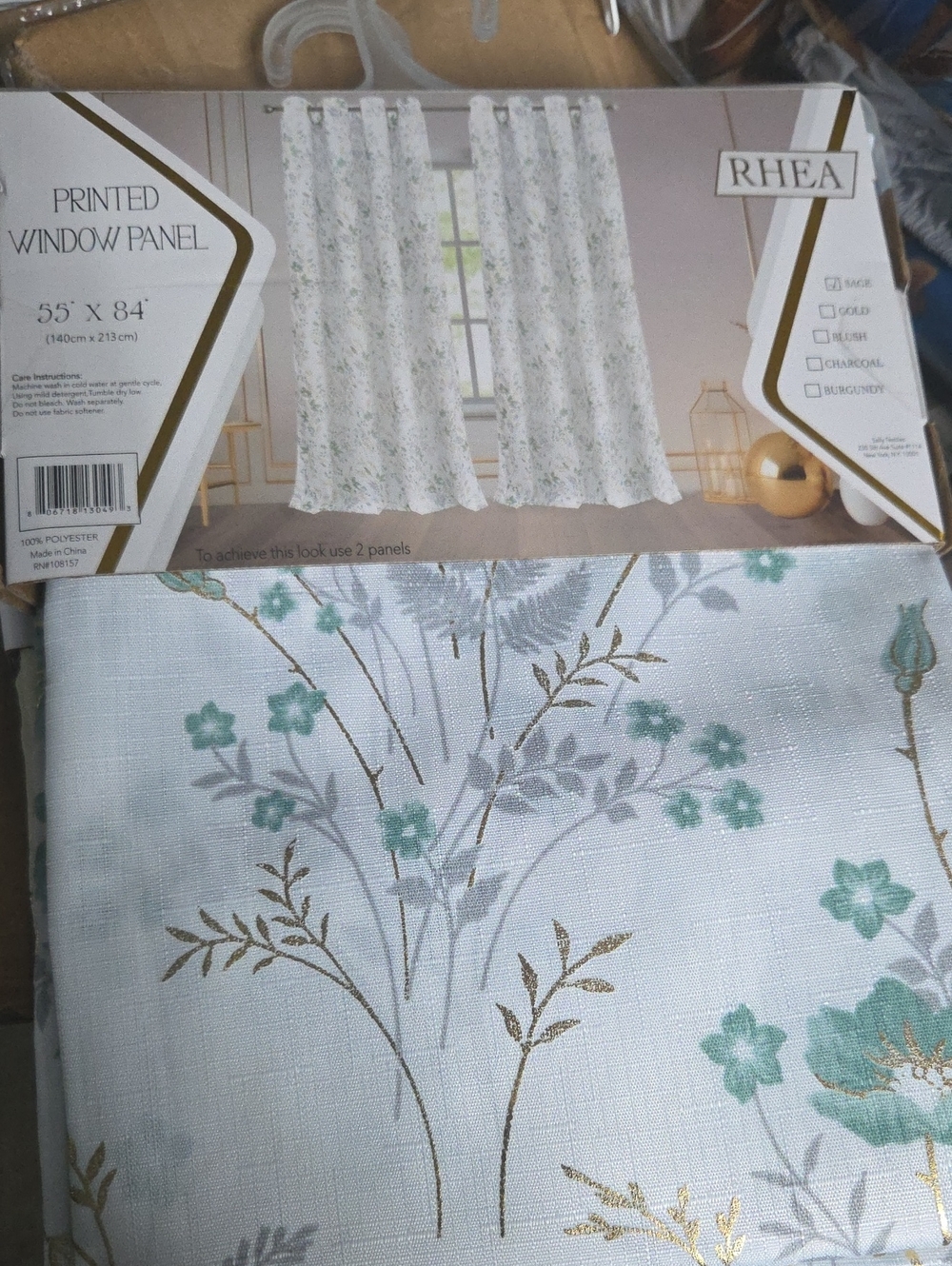 Rhea Costa Floral Printed Curtain Panel in Mint, Gold and Gray